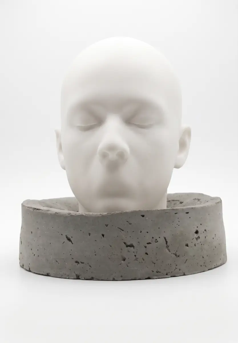 Escultura de cabeça humana branca de gesso ou resina com os olhos fechados, encaixada em uma base circular de concreto cinza e poroso, fotografada contra um fundo branco.